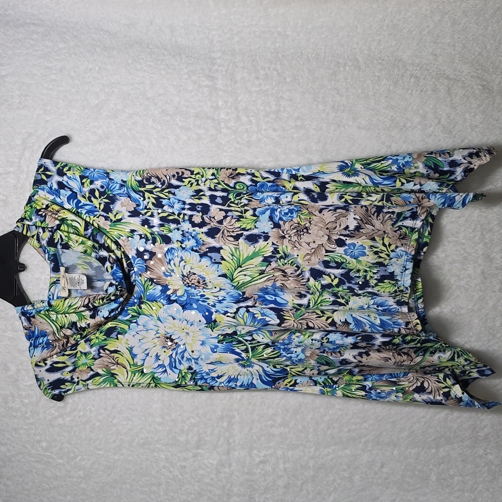 Brittany Black Floral Cowl Neck Blouse - Blue, Green, Tan, Glitter Mirror Dots